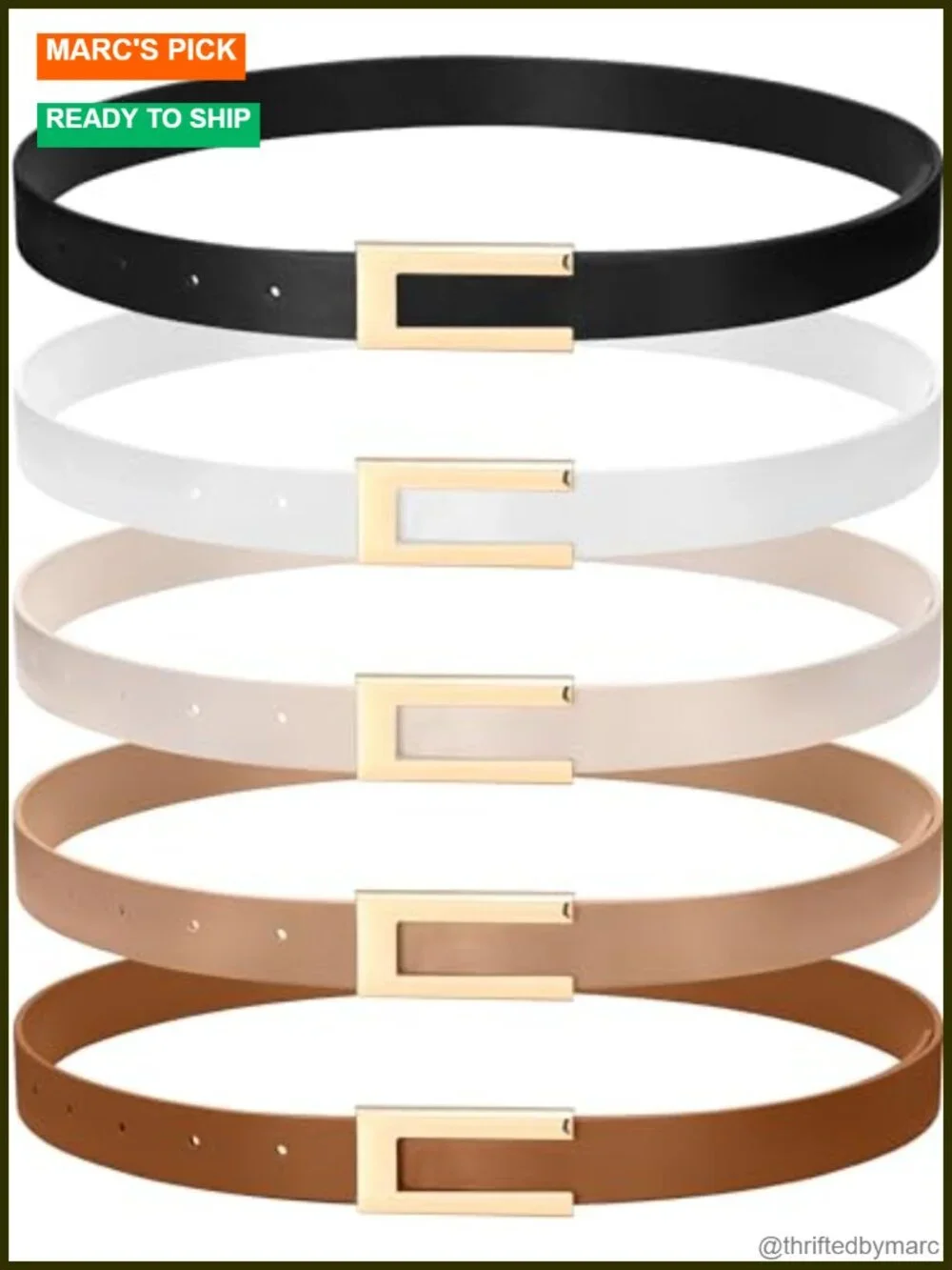 Faux Leather Skinny Belts Set - 5 Pack for Dresses Jeans Pants with Gold Buckle